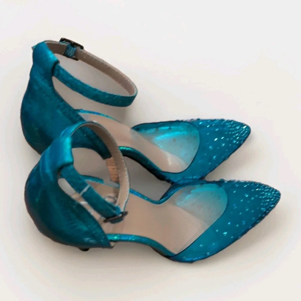 Mix No 6 Arlette Blue & Rhinestone Sparkling Shimmer Ankle Wrap Stiletto Heel 7M